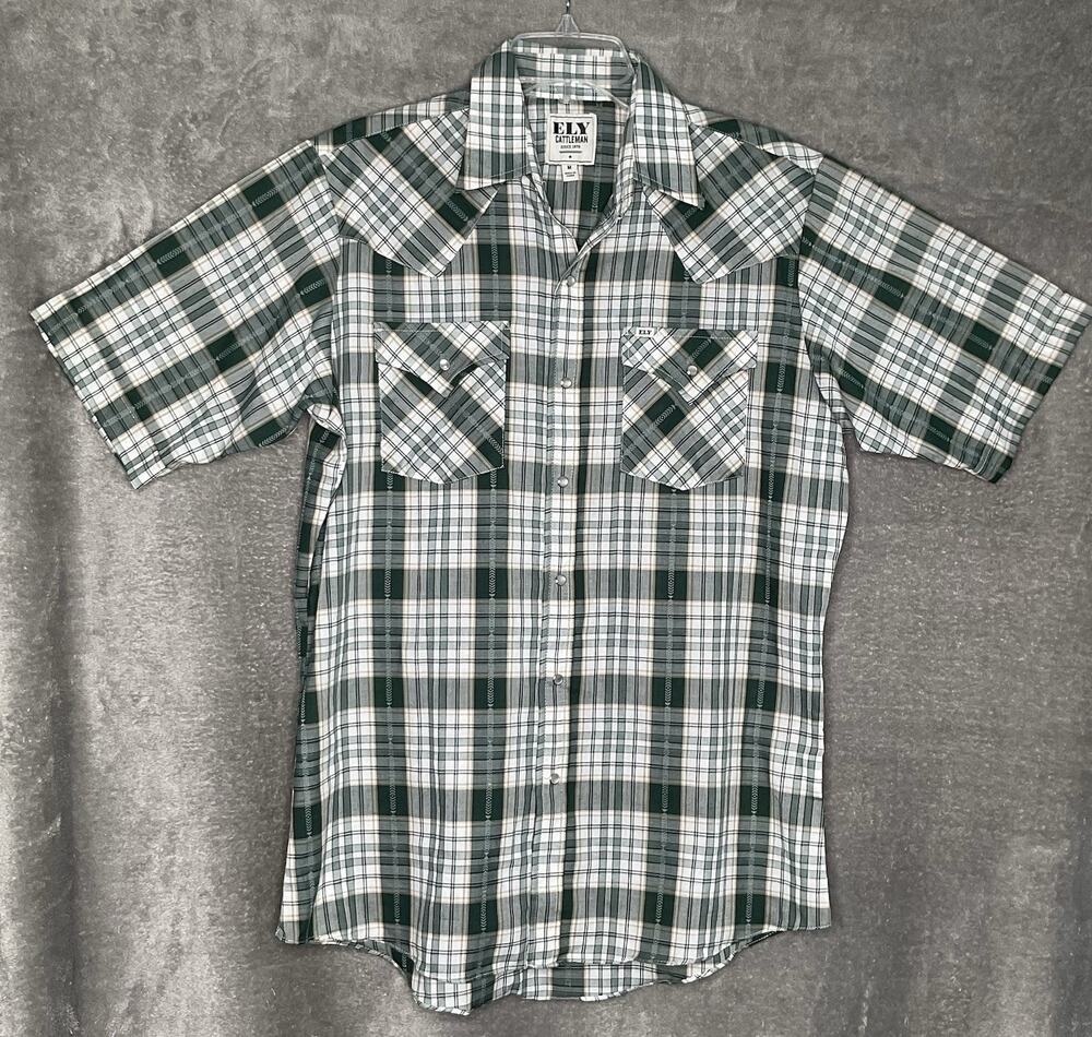 Ely Cattleman Mens Medium Green White Plaid Shirt Pearl Snap Western Cowboy
